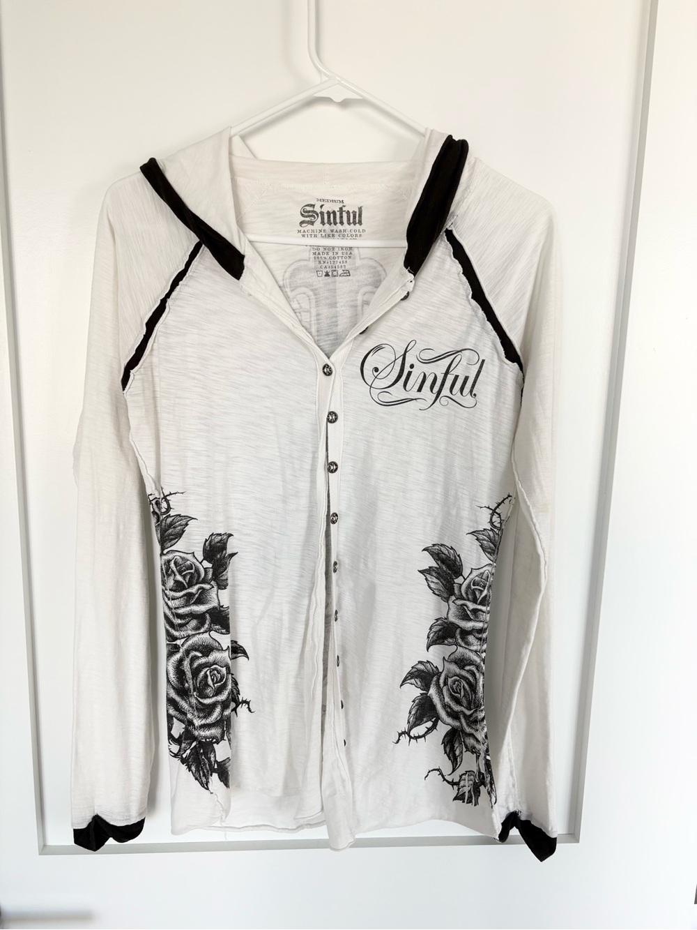 Sinful Y2K Gothic Rose Hoodie Top Button Front Tattoo Grunge Biker Medium